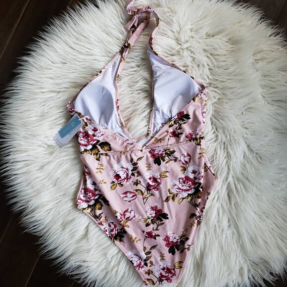 NEW CupShe Pink Floral Halter One Piece Plunging Pink XXL - Picture 4 of 9